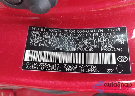 2014 Toyota Prius from USA, damaged, VIN JTDKN3DU8E1765449